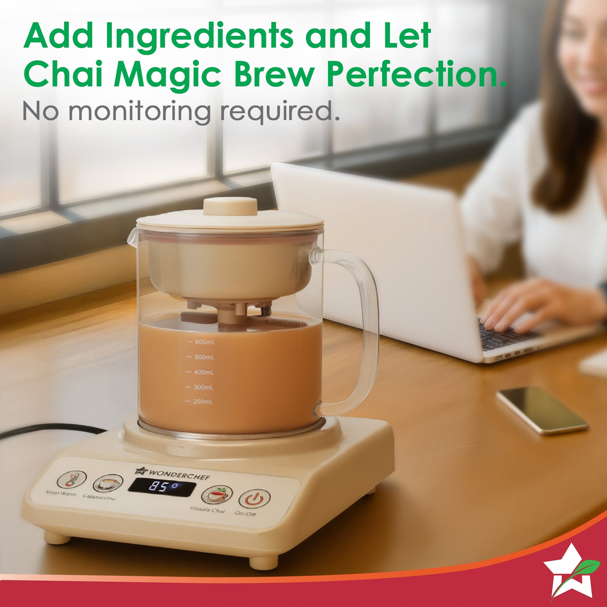 Chai Magic, Fully Automatic Tea & Cappuccino Maker, Make Masala Chai/Cutting Chai/Kahwa/, No Spills, No Overcooking, 4 Modes, Boil Milk/Water/Coffee, 500ML Glass Jar, 2-Yr Warranty