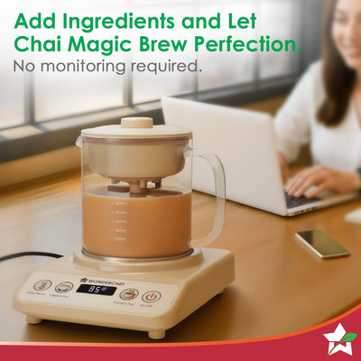 Chai Magic, Fully Automatic Tea & Cappuccino Maker, Make Masala Chai/Cutting Chai/Kahwa/, No Spills, No Overcooking, 4 Modes, Boil Milk/Water/Coffee, 500ML Glass Jar, 2-Yr Warranty