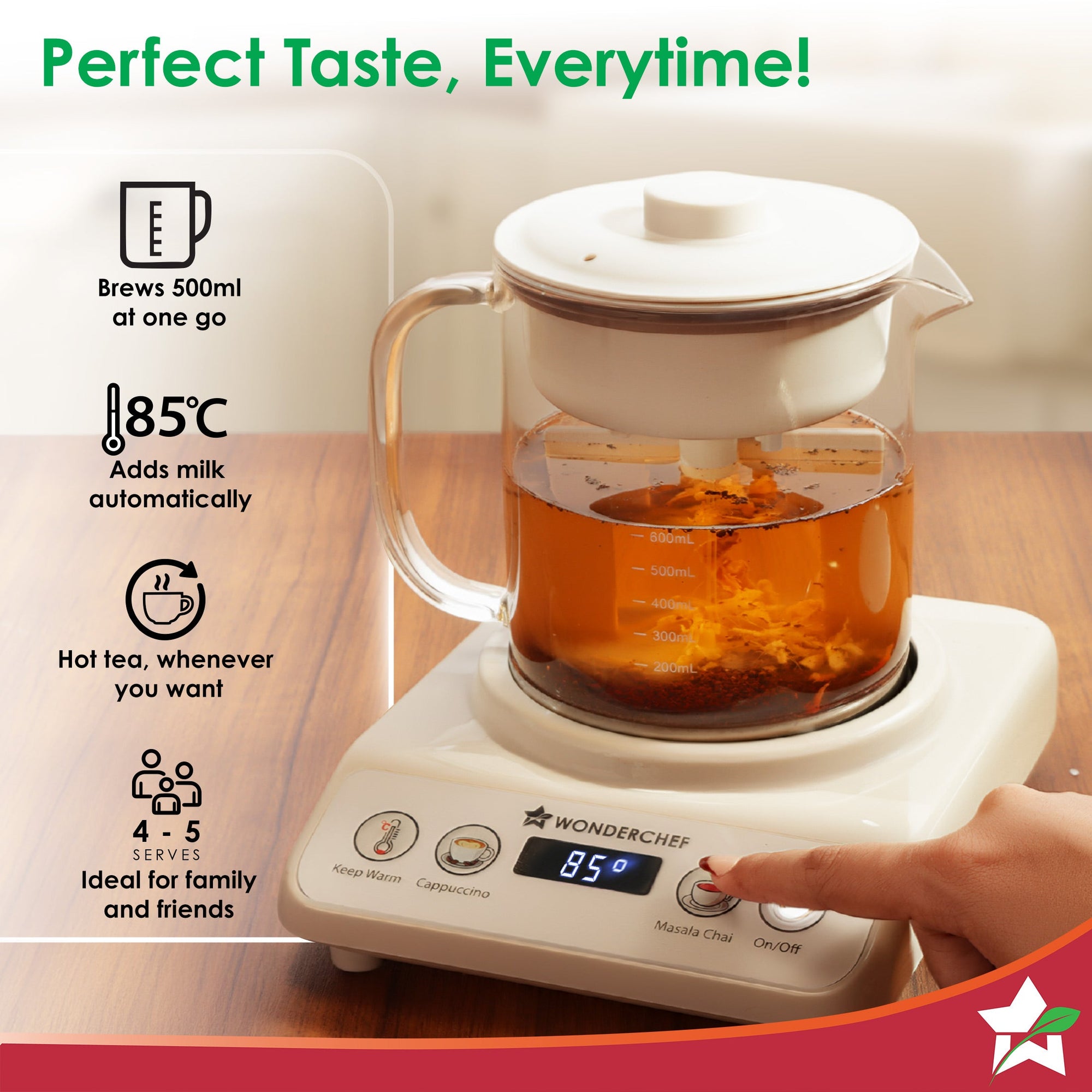 Chai Magic, Fully Automatic Tea & Cappuccino Maker, Make Masala Chai/Cutting Chai/Kahwa/, No Spills, No Overcooking, 4 Modes, Boil Milk/Water/Coffee, 500ML Glass Jar, 2-Yr Warranty