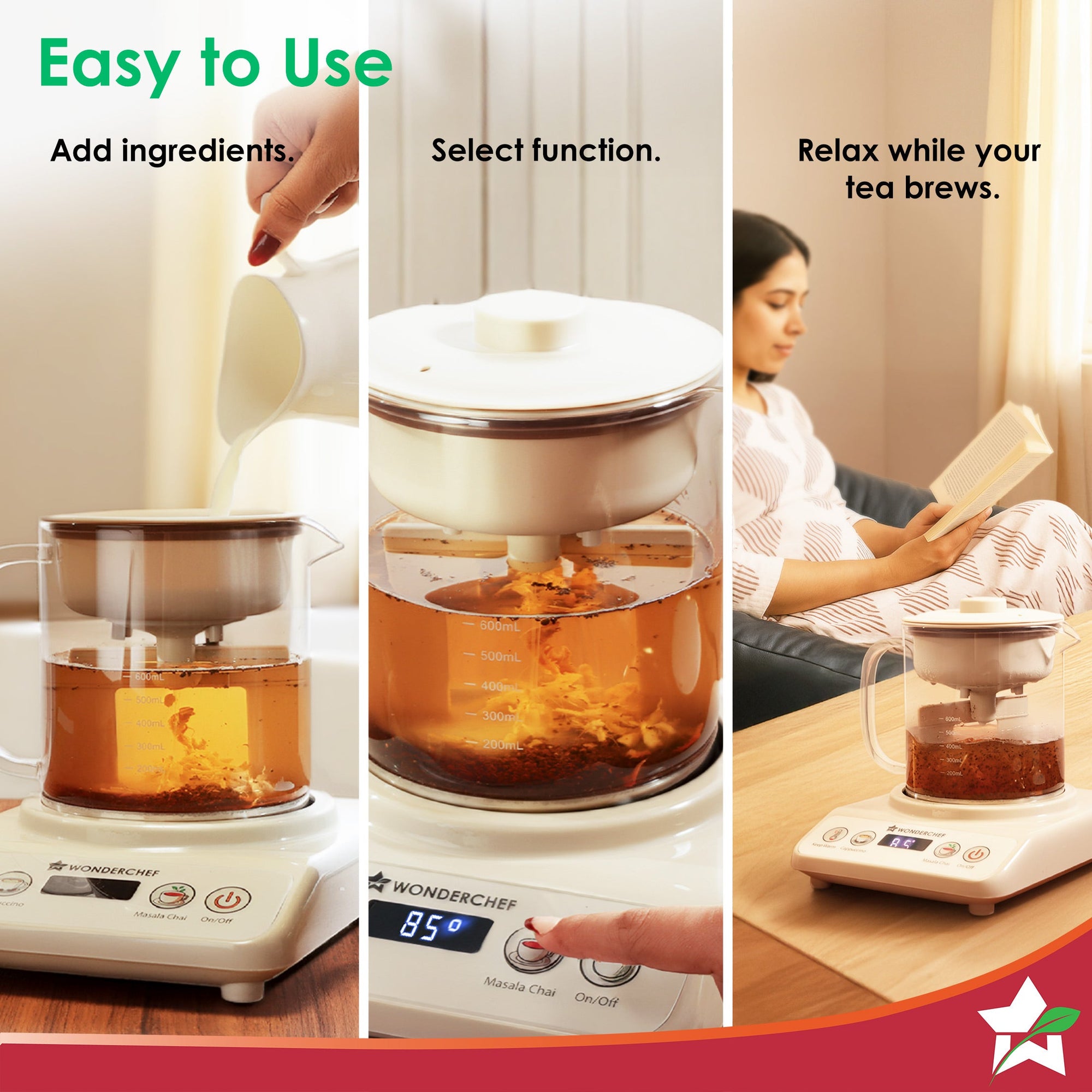 Chai Magic, Fully Automatic Tea & Cappuccino Maker, Make Masala Chai/Cutting Chai/Kahwa/, No Spills, No Overcooking, 4 Modes, Boil Milk/Water/Coffee, 500ML Glass Jar, 2-Yr Warranty