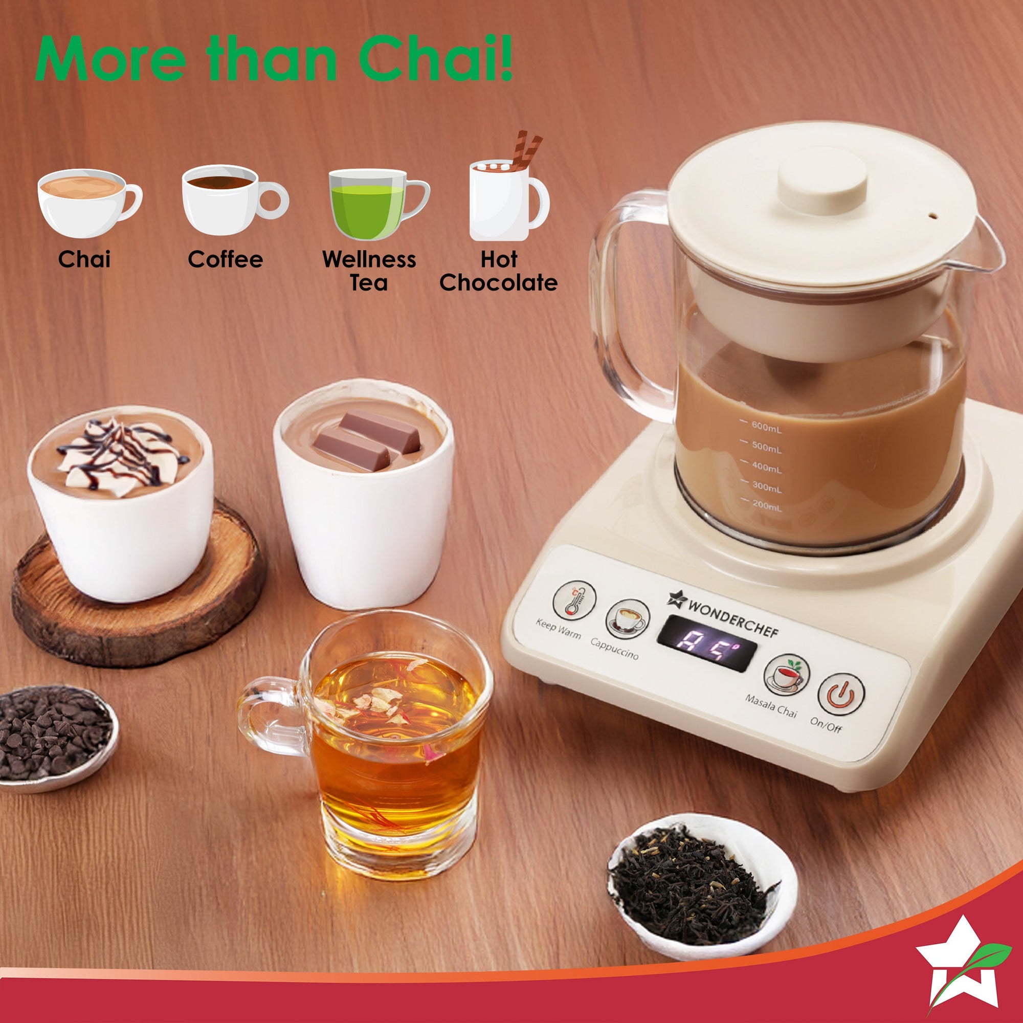 Chai Magic, Fully Automatic Tea & Cappuccino Maker, Make Masala Chai/Cutting Chai/Kahwa/, No Spills, No Overcooking, 4 Modes, Boil Milk/Water/Coffee, 500ML Glass Jar, 2-Yr Warranty