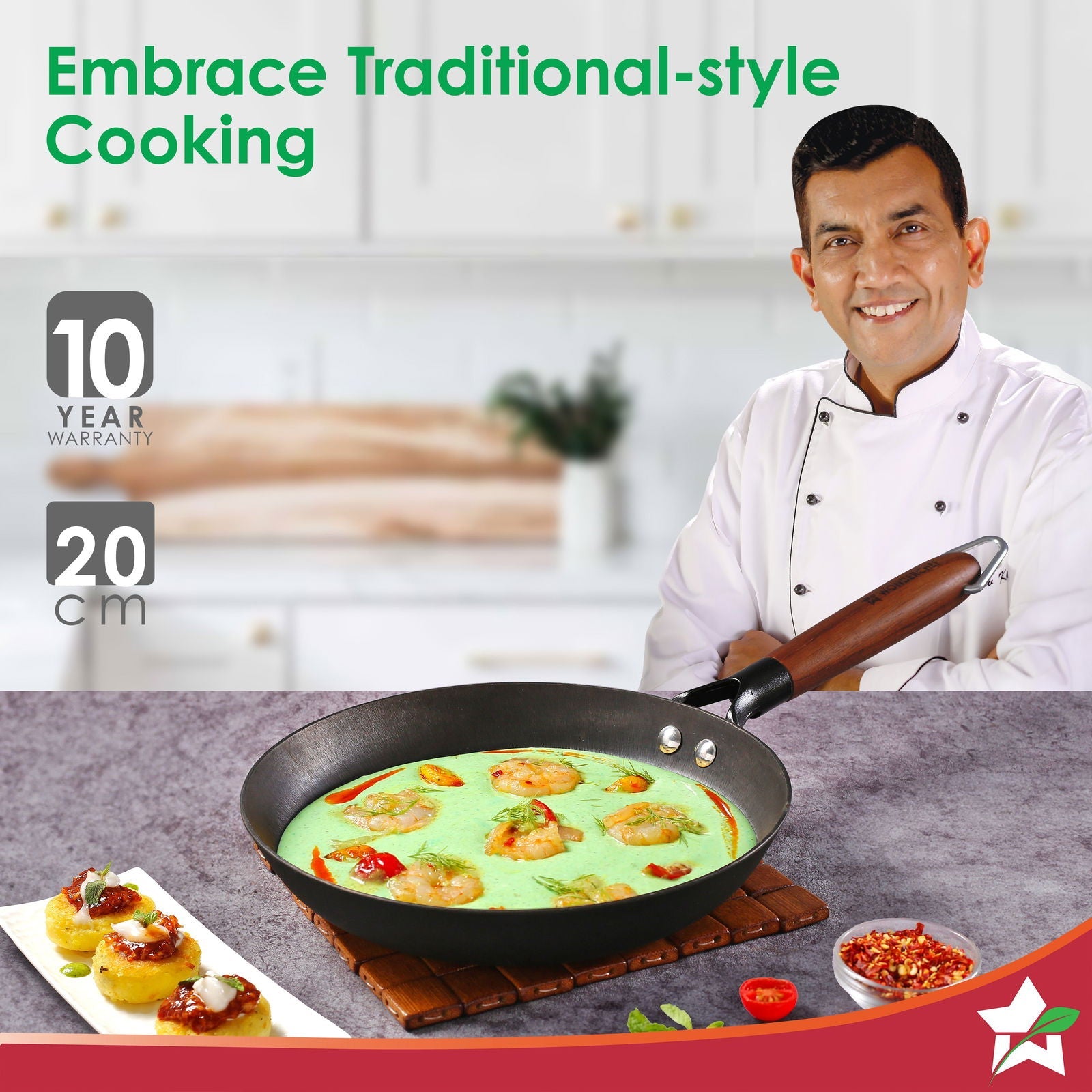 Ferro Light 20cm Cast Iron Fry Pan | 800 ml | Acacia Wooden Handles | Gravity Moulding Technology | No Chemical Coating