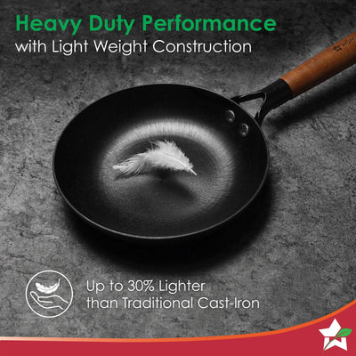 Ferro Light 20cm Cast Iron Fry Pan | 800 ml | Acacia Wooden Handles | Gravity Moulding Technology | No Chemical Coating