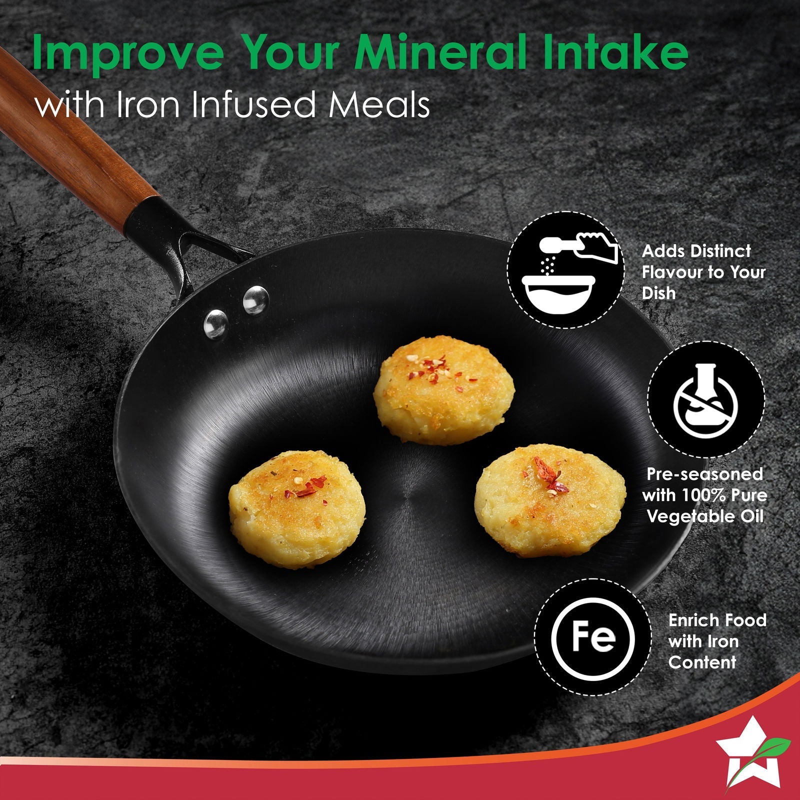 Ferro Light 20cm Cast Iron Fry Pan | 800 ml | Acacia Wooden Handles | Gravity Moulding Technology | No Chemical Coating