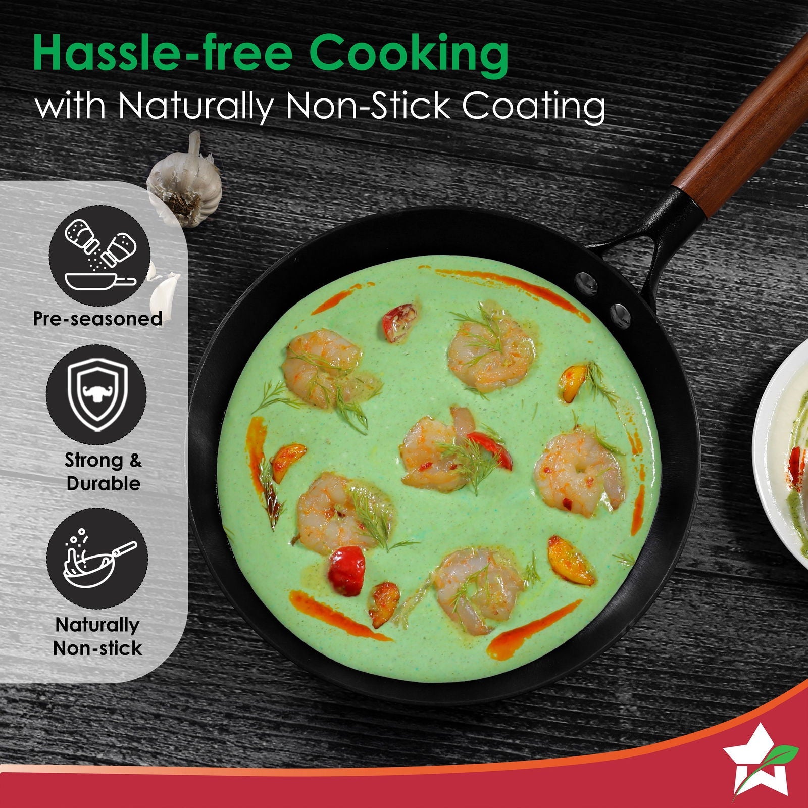 Ferro Light 20cm Cast Iron Fry Pan | 800 ml | Acacia Wooden Handles | Gravity Moulding Technology | No Chemical Coating