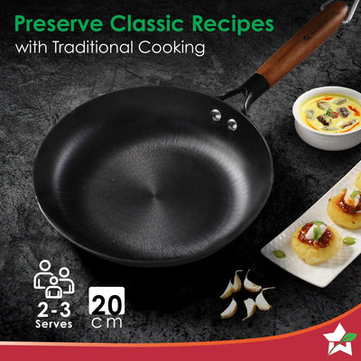 Ferro Light 20cm Cast Iron Fry Pan | 800 ml | Acacia Wooden Handles | Gravity Moulding Technology | No Chemical Coating
