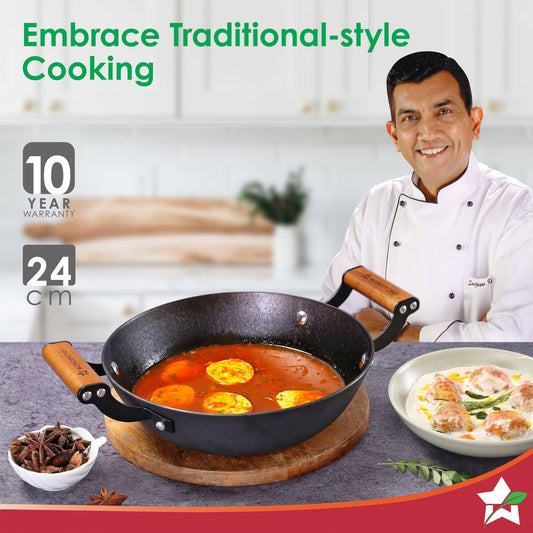 Ferro Light 24cm Kadhai | 2.3L | Acacia Wooden Handles | Gravity Moulding Technology | No Chemical Coating
