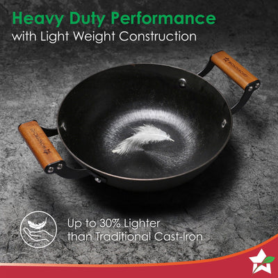 Ferro Light 24cm Kadhai | 2.3L | Acacia Wooden Handles | Gravity Moulding Technology | No Chemical Coating