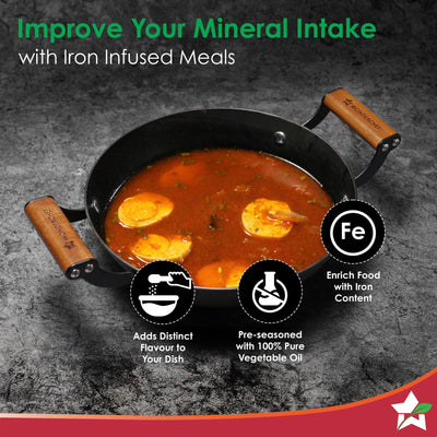 Ferro Light 24cm Kadhai | 2.3L | Acacia Wooden Handles | Gravity Moulding Technology | No Chemical Coating