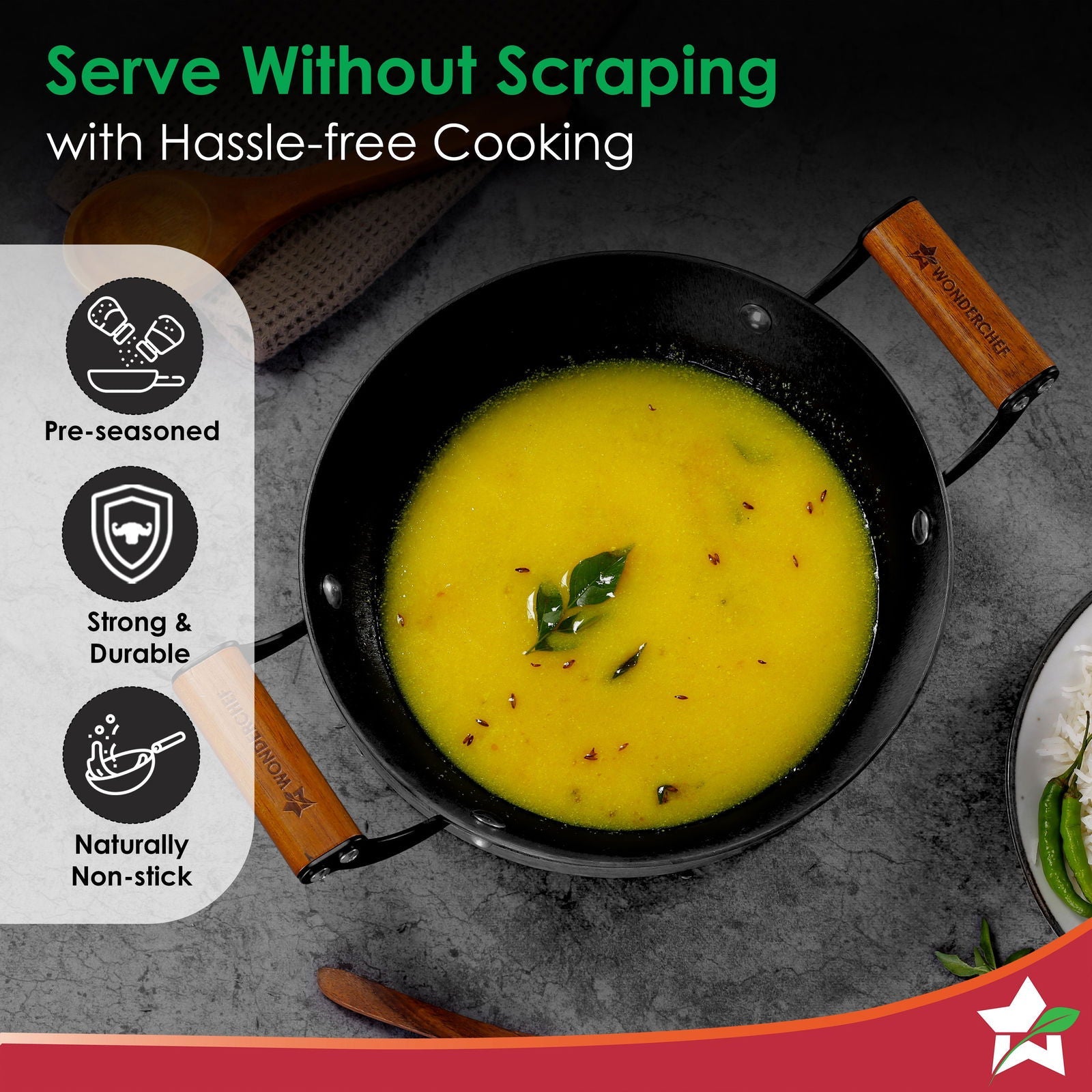 Ferro Light 24cm Kadhai | 2.3L | Acacia Wooden Handles | Gravity Moulding Technology | No Chemical Coating