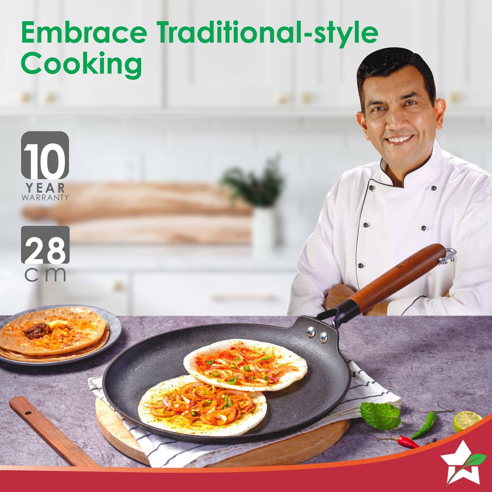 Ferro Light 28cm Dosa Tawa | 4MM | Acacia Wooden Handles | Gravity Moulding Technology | No Chemical Coating