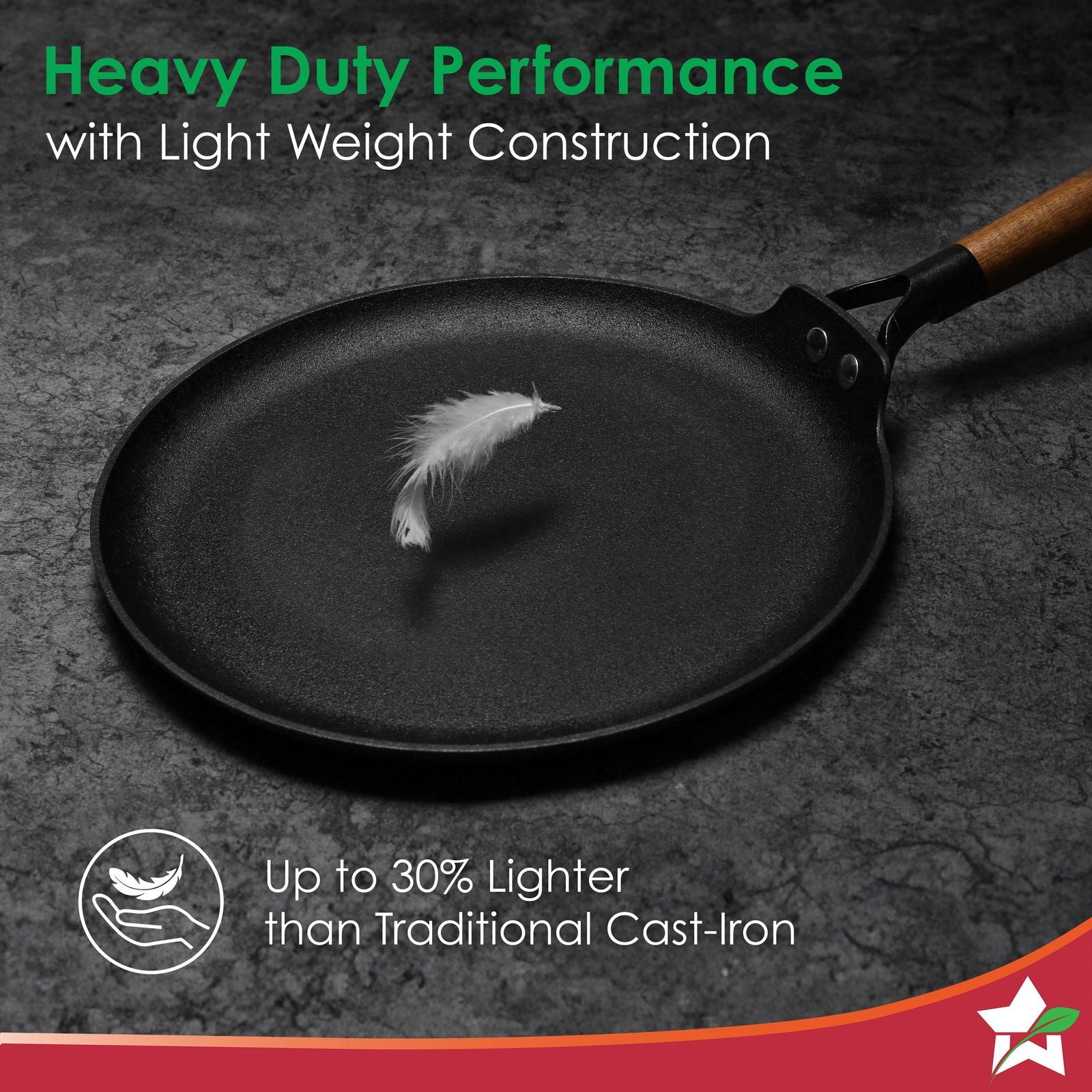 Ferro Light 28cm Dosa Tawa | 4MM | Acacia Wooden Handles | Gravity Moulding Technology | No Chemical Coating