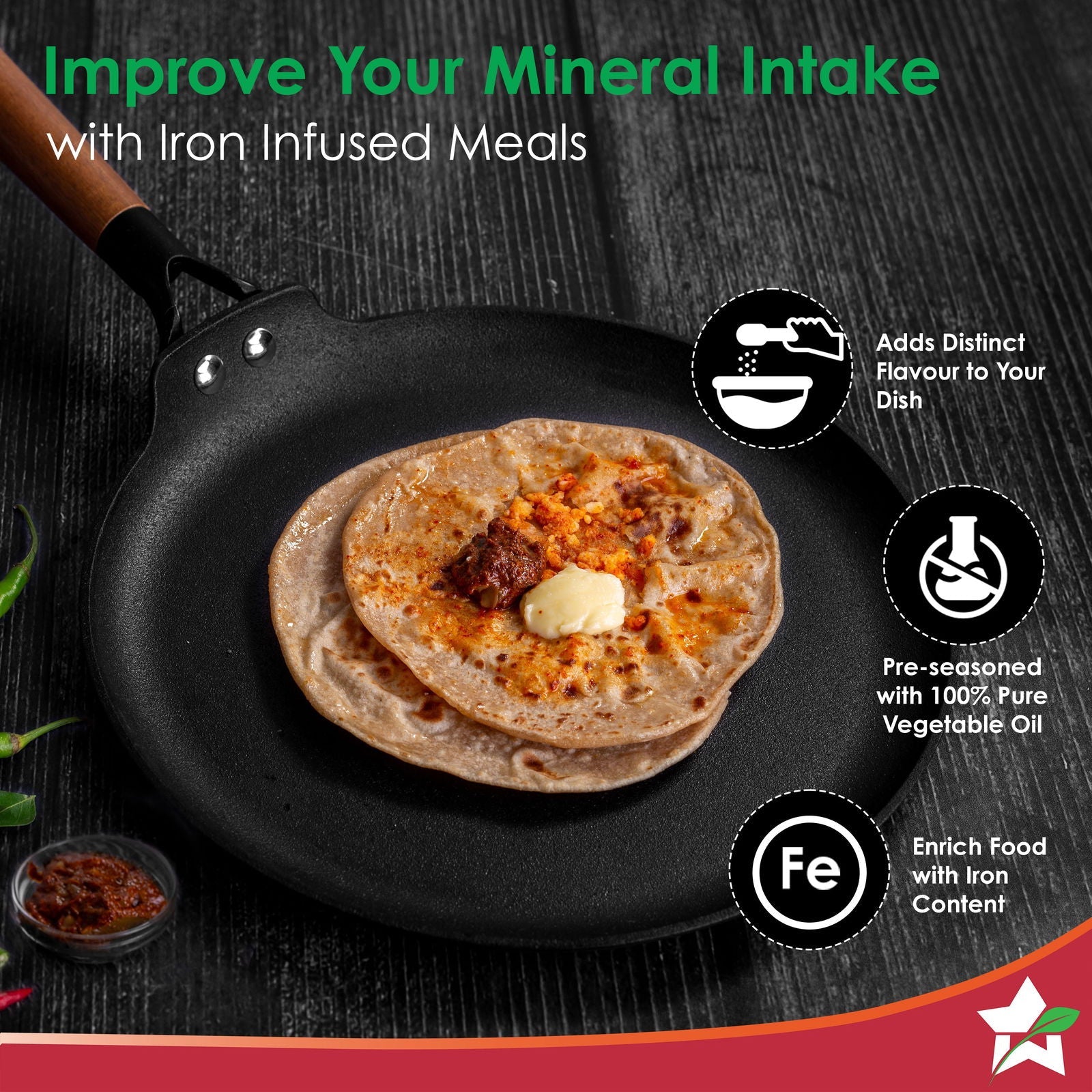 Ferro Light 28cm Dosa Tawa | 4MM | Acacia Wooden Handles | Gravity Moulding Technology | No Chemical Coating