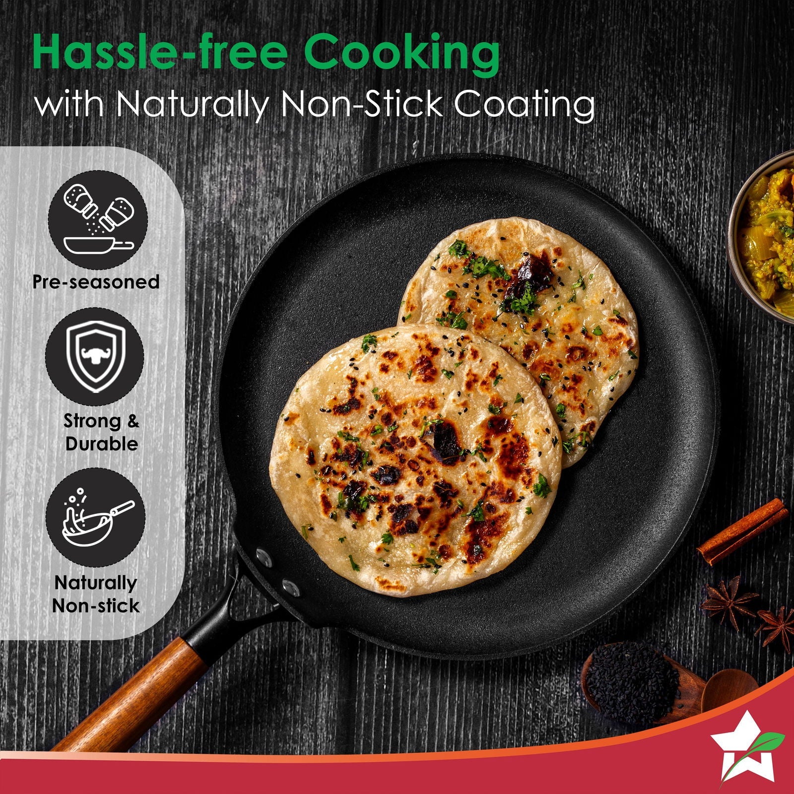 Ferro Light 28cm Dosa Tawa | 4MM | Acacia Wooden Handles | Gravity Moulding Technology | No Chemical Coating