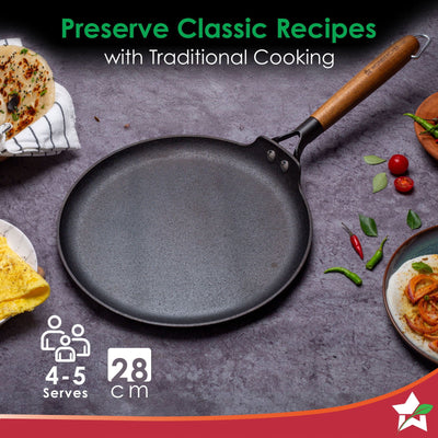Ferro Light 28cm Dosa Tawa | 4MM | Acacia Wooden Handles | Gravity Moulding Technology | No Chemical Coating