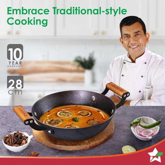 Ferro Light 28cm Kadhai | 3.2L | Acacia Wooden Handles | Gravity Moulding Technology | No Chemical Coating