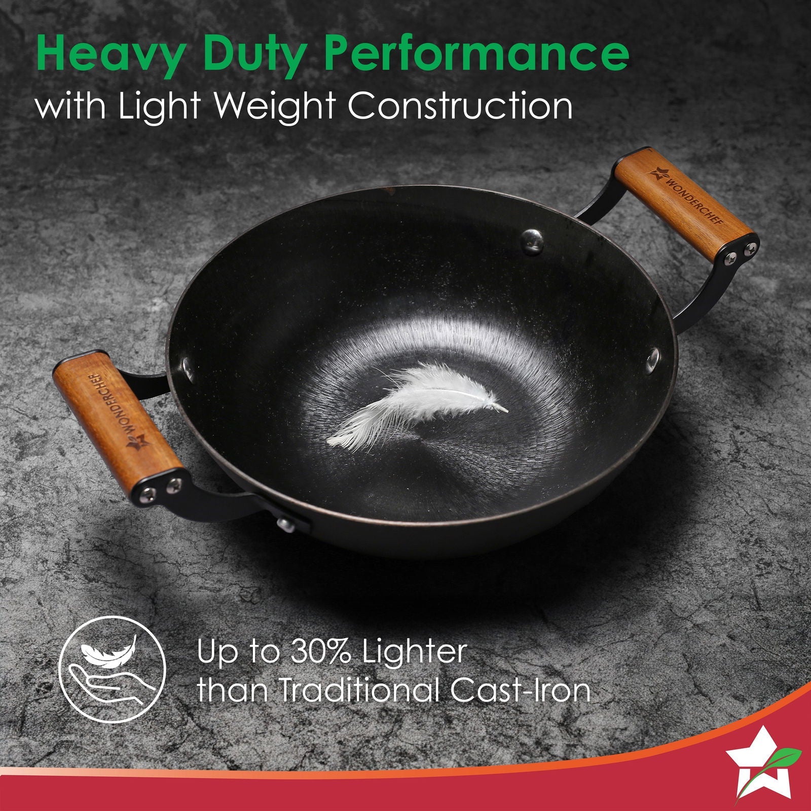 Ferro Light 28cm Kadhai | 3.2L | Acacia Wooden Handles | Gravity Moulding Technology | No Chemical Coating