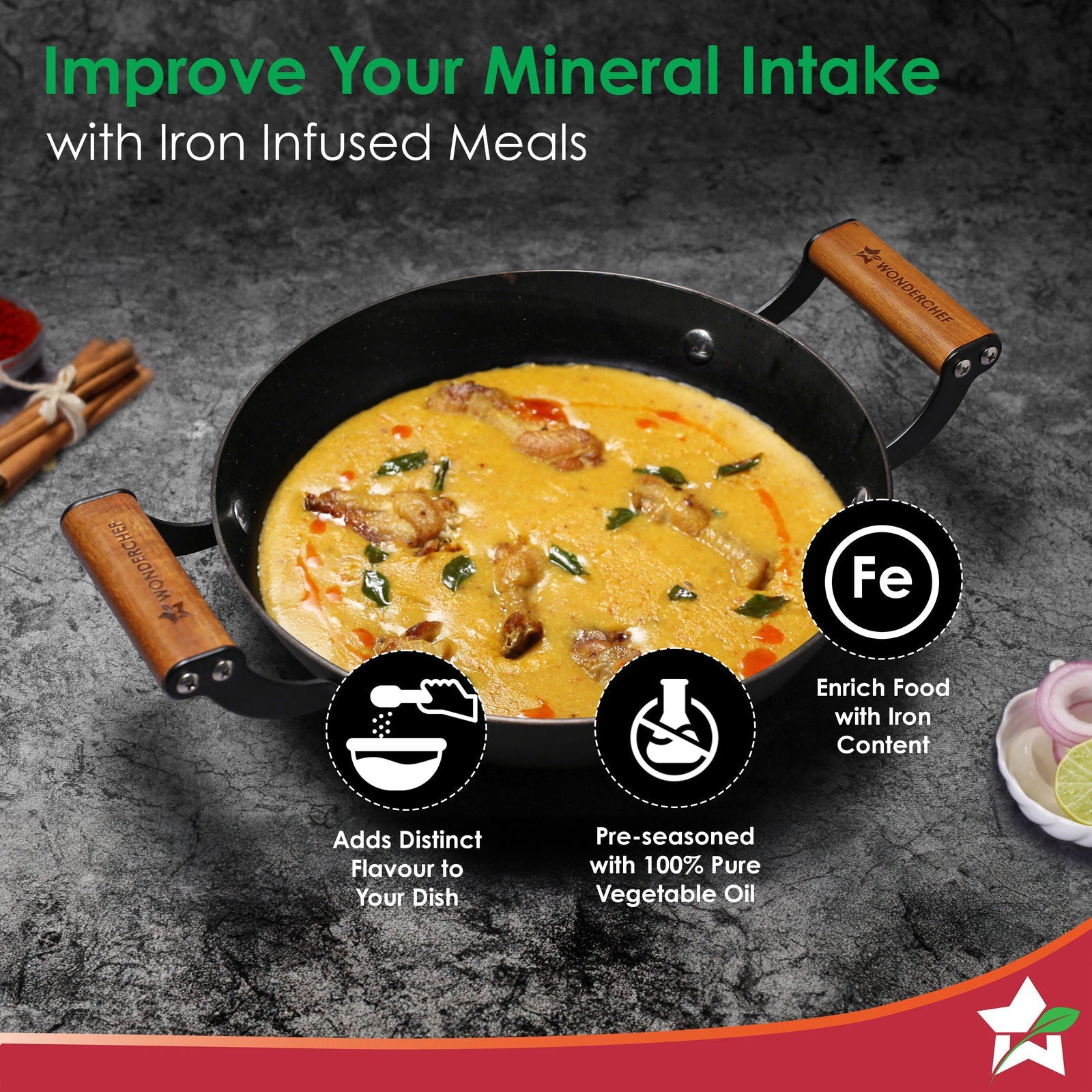 Ferro Light 28cm Kadhai | 3.2L | Acacia Wooden Handles | Gravity Moulding Technology | No Chemical Coating