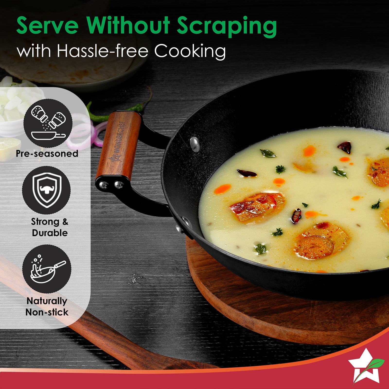 Ferro Light 28cm Kadhai | 3.2L | Acacia Wooden Handles | Gravity Moulding Technology | No Chemical Coating