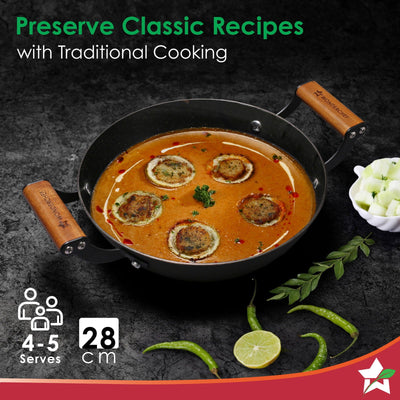 Ferro Light 28cm Kadhai | 3.2L | Acacia Wooden Handles | Gravity Moulding Technology | No Chemical Coating