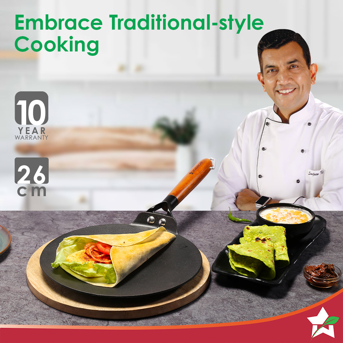Ferro Light-weight Cast-iron Roti Tawa | 26cm | Pre-seasoned with 100% Vegetable Oil | 40% Lighter than Regular Cast-iron Cookware | Cool-touch Real Acacia Wood Handles