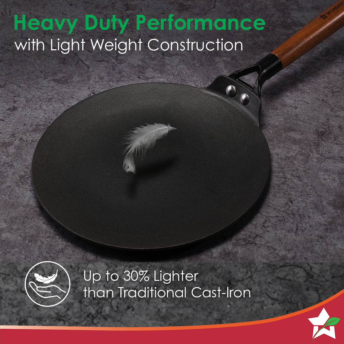 Ferro Light-weight Cast-iron Roti Tawa | 26cm | Pre-seasoned with 100% Vegetable Oil | 40% Lighter than Regular Cast-iron Cookware | Cool-touch Real Acacia Wood Handles
