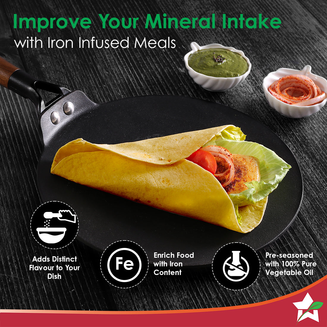 Ferro Light-weight Cast-iron Roti Tawa | 26cm | Pre-seasoned with 100% Vegetable Oil | 40% Lighter than Regular Cast-iron Cookware | Cool-touch Real Acacia Wood Handles