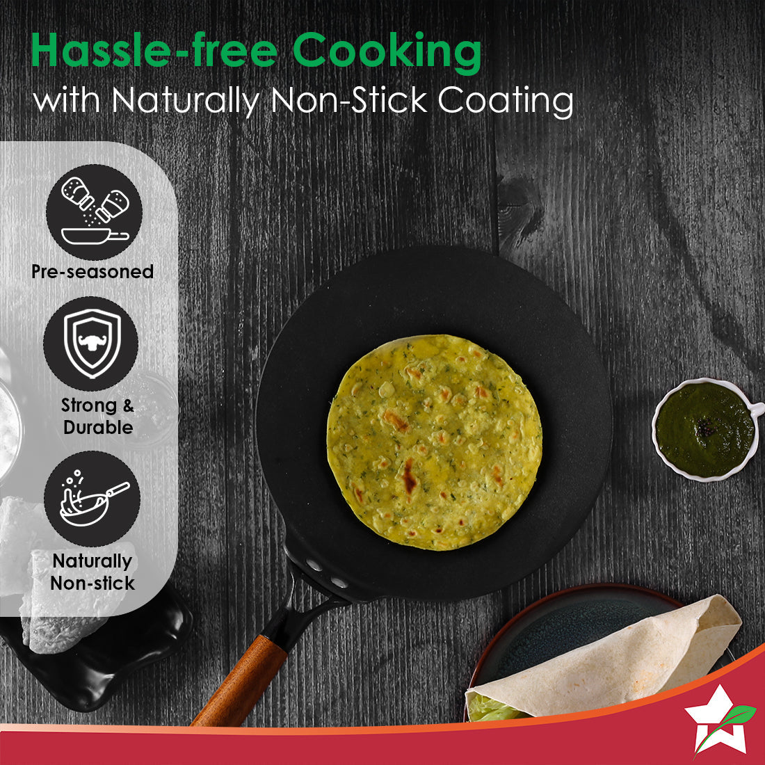 Ferro Light-weight Cast-iron Roti Tawa | 26cm | Pre-seasoned with 100% Vegetable Oil | 40% Lighter than Regular Cast-iron Cookware | Cool-touch Real Acacia Wood Handles