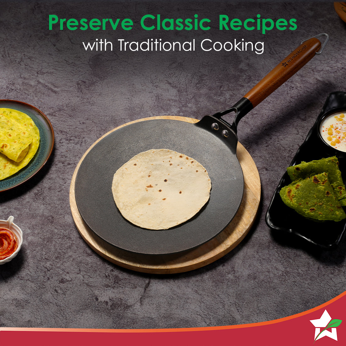 Ferro Light-weight Cast-iron Roti Tawa | 26cm | Pre-seasoned with 100% Vegetable Oil | 40% Lighter than Regular Cast-iron Cookware | Cool-touch Real Acacia Wood Handles