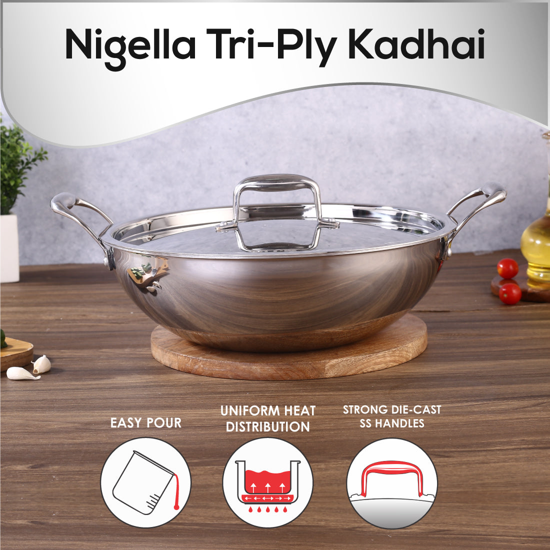 Nigella Triply Kadhai with SS Lid 30 cm