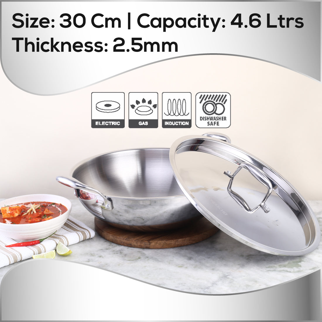 Nigella Triply Kadhai with SS Lid 30 cm